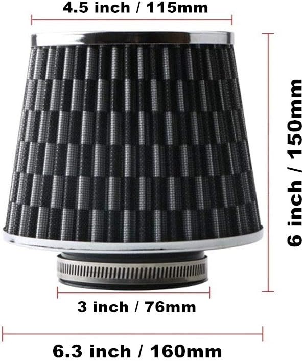 Universal Clamp-On Cold Intake Cone Air Filter 3", Washable Filter, High Flow - Image 2