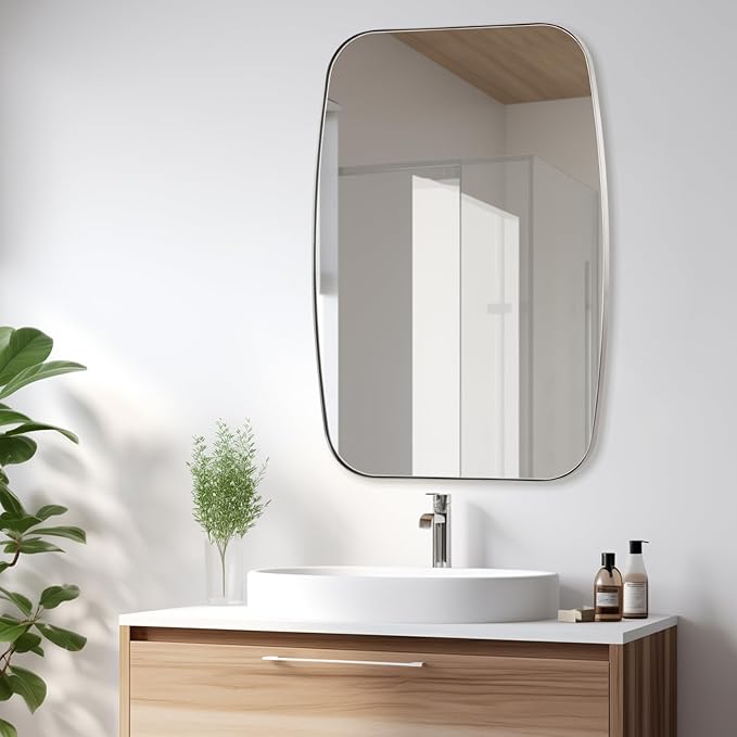 Brushed Nickel Bathroom Mirror, 32"×40" Oval Vanity Mirror with Stainless Steel Metal Frame, Silver Oblong Wall Mount Mirror for Bedroom, Living Room