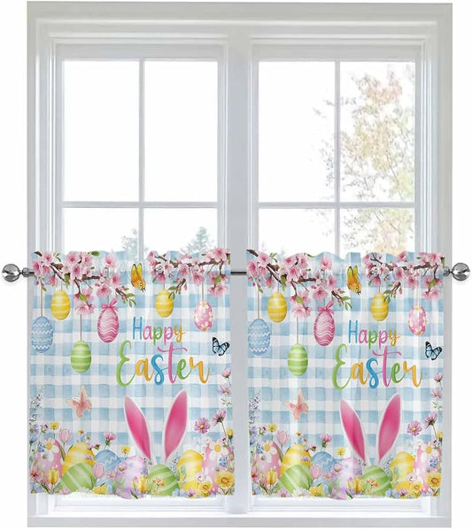 Happy Easter Half Window Curtains 24 Inches Long, Spring Watercolor Bunny Eggs by Unknown