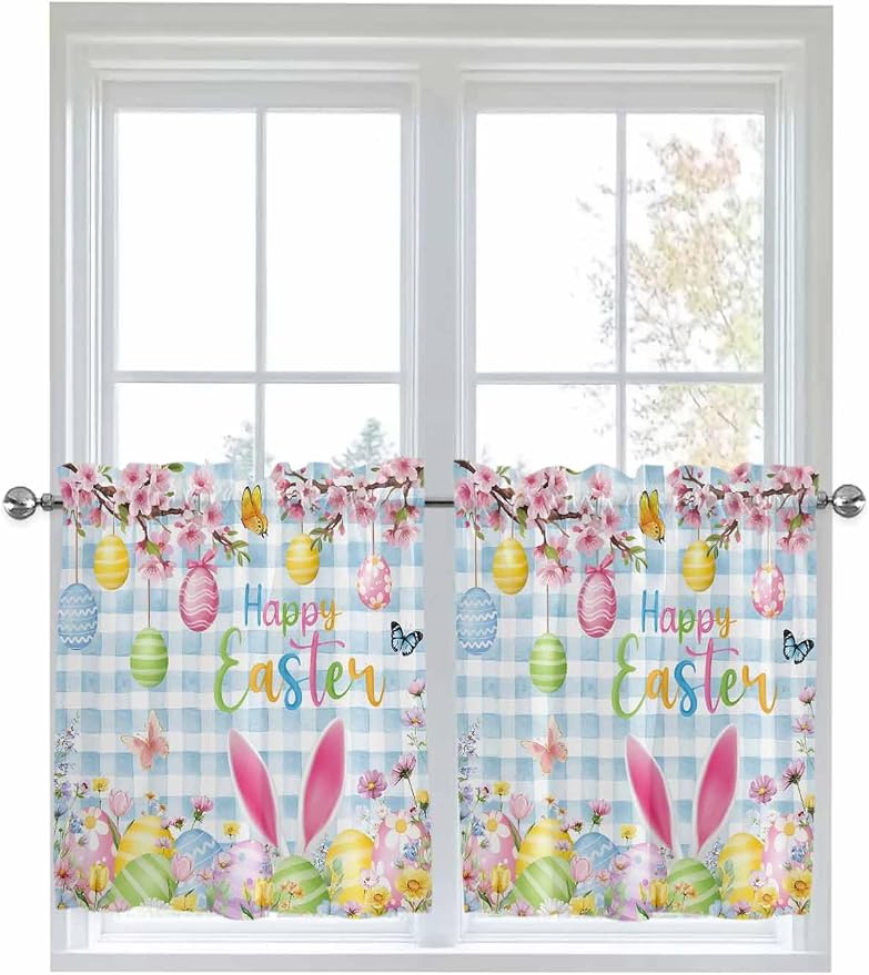 Happy Easter Half Window Curtain 36 Inches Long, Spring Watercolor Bunny Eggs by Unknown