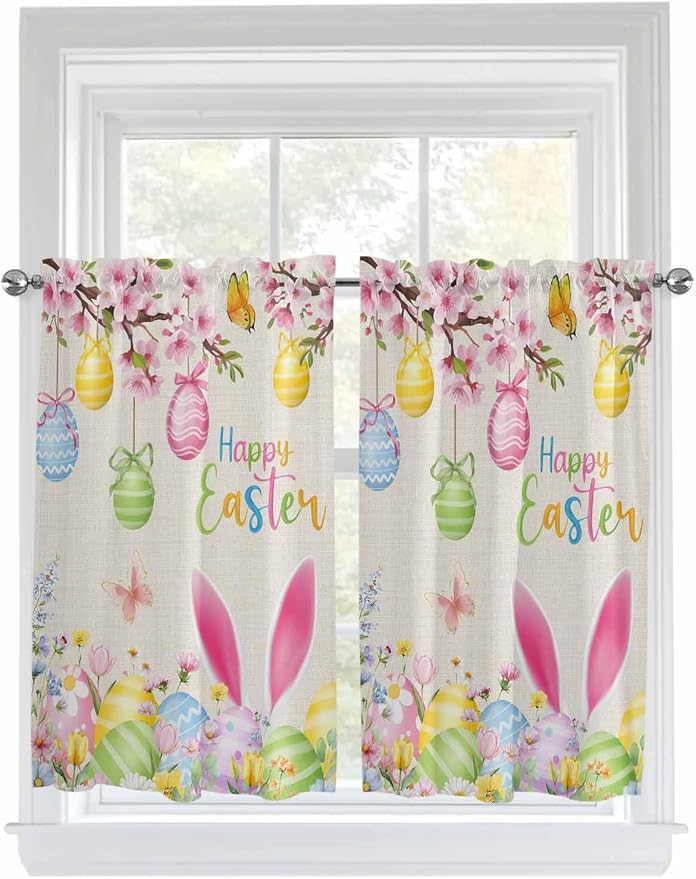 Happy Easter Kitchen Curtains 45 Inches length, Spring Farmhouse Bunny Eggs by Unknown