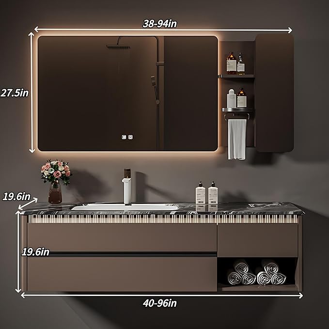 Modern Bathroom Vanity - Spacious Deep Sink | Defogging LED Mirror & Human Body Sensor Light, Open Side Panel, Floating Smart Bathroom Vanities (92IN)