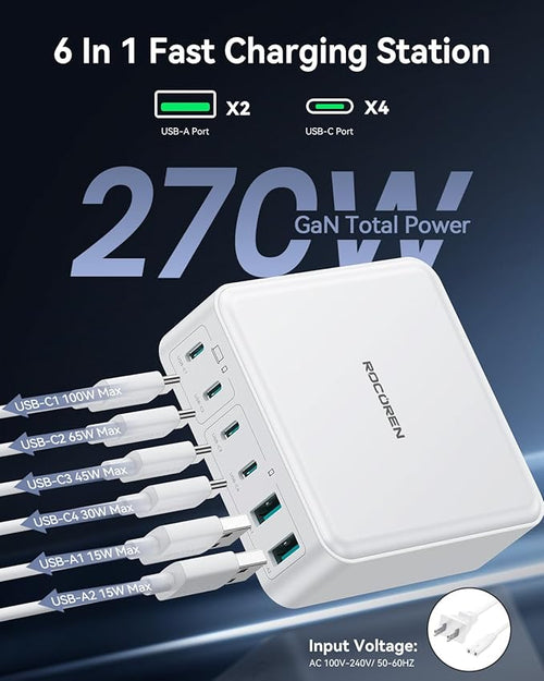 270W USB C Charger Block, Rocoren 6 Port Multi USB-C Charging Station,100W PD Fast USBC Gan Charger Station Hub Dock for Multiple Devices, Laptop Type C for MacBook/iPhone 17/iPad/Galaxy S25 (White)