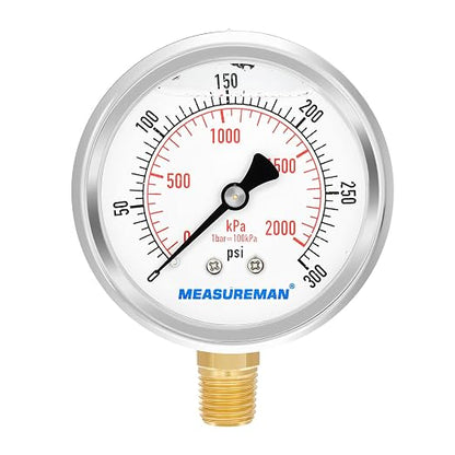 MEASUREMAN 2-1/2inch Dial Size, Glycerin Filled Pressure Gauge, 0-300psi/kpa by MEASUREMAN