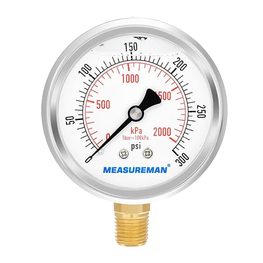 MEASUREMAN 2-1/2inch Dial Size, Glycerin Filled Pressure Gauge, 0-300psi/kpa by MEASUREMAN