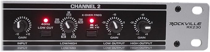 Rockville RX230 2-Way Stereo/3-Way Mono Crossover, XLR Input/Output, Adjustable Crossover Range, 24 dB/Octave Filters, Rack-Mountable for DJs and Live Sound