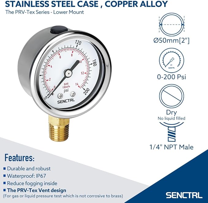 SENCTRL 200 Psi Pressure Gauge, 1/4 NPT Lower Mount, Waterproof, Stainless - Image 2