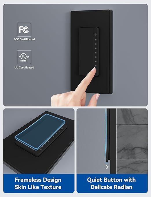 ELEGRP Smart Dimmer Light Switch DPR30, 2.4GHz Wi-Fi Dimmer Switch Compatible with Alexa and Google Assistant, Single Pole/3 Way, Needs Neutral Wire, No Hub Required, UL and FCC Listed, Black, 2 Pack