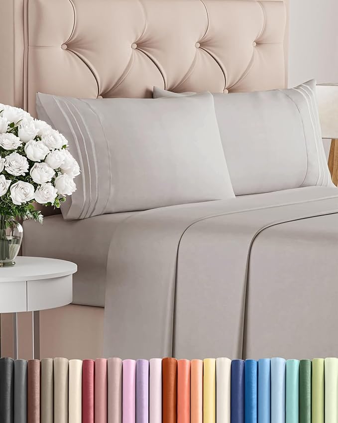 Queen Size 4 Piece Sheet Set - Comfy Breathable & Cooling Bed Sheets Set - Hotel Luxury Bedding for Women, Men, Kids, Teens, Boys & Girls - Deep Pockets, Soft and Wrinkle Free - Oeko-Tex - Light Grey