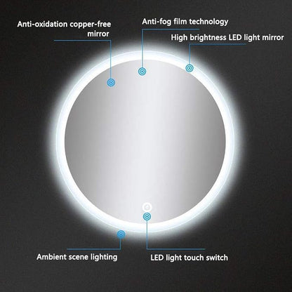 Bathroom Mirror with LED Light and Demister Pad Touch Sensor Wall Mounted Round - Image 3