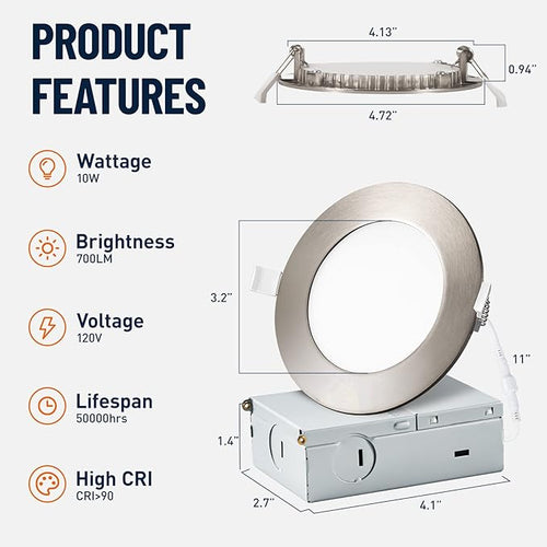 12 Pack Recessed Lighting 4 Inch with Junction Box, 5CCT 4 Inch Brushed Nickel LED Recessed Lights Dimmable 2700K-6000K, 9W 700lm Ultra Thin Recessed Lighting - ETL and Energy Star Certified