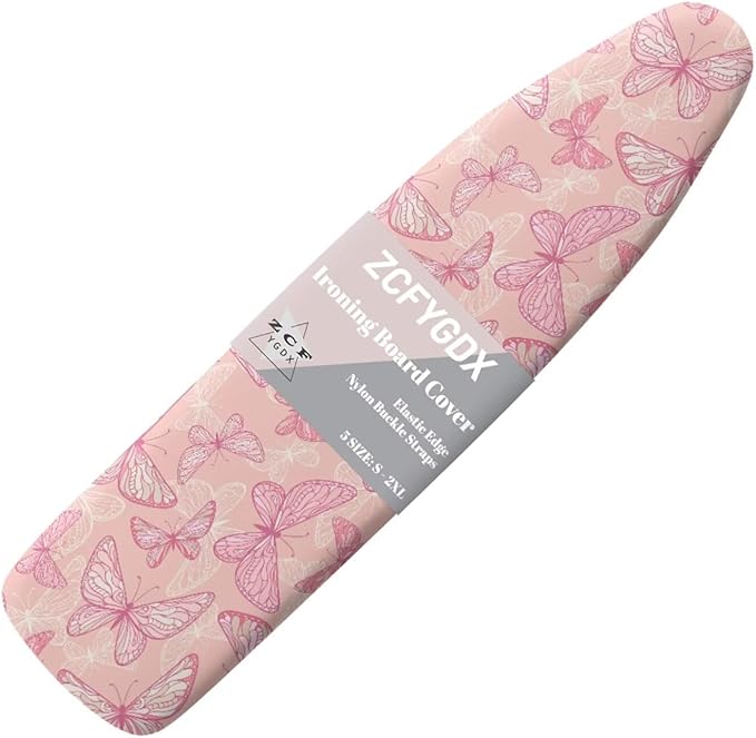 ZCFYGDX Breathable Ironing Board Cover Decor, Resist Scorching & Staining, 17x49 Wear & Soil Resistant Covers, Elastic Edges,3 Fasteners,Anti-Scorch Polyester Butterfly Pattern Pink Print