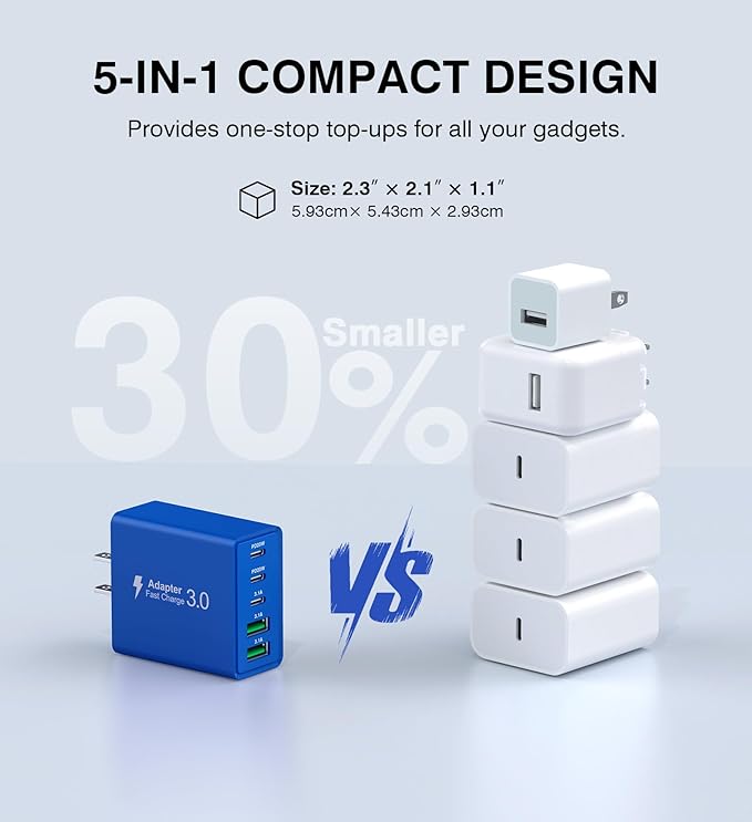 60W USB C Fast Charger Cube,2 Pack PD+QC Charging Block Power Adapter 5 Port Wall Mount Plug for iPhone 17 16 15 14 13, Motorola, LG, Google Pixel 6a/6 Pro/6/5a/5/4/4A Box Brick (Dark Blue)