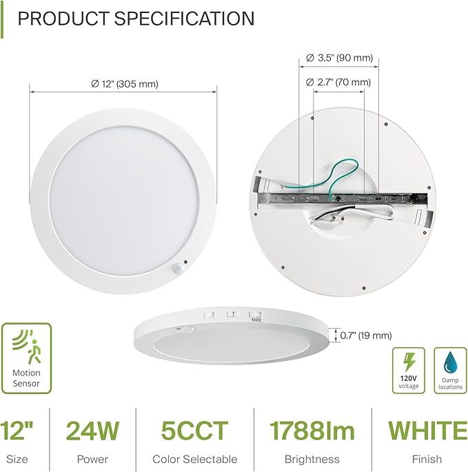 ASD LED 12" Round Flush Mount Ceiling Light Fixture, Low Profile Surface Lighting | 5CCT, Motion Sensored, Ultra-Thin, ETL Listed | 24W 1700LM 2700-6000K 120V | Kitchen, Hallway Lamp | White, 12 Pack