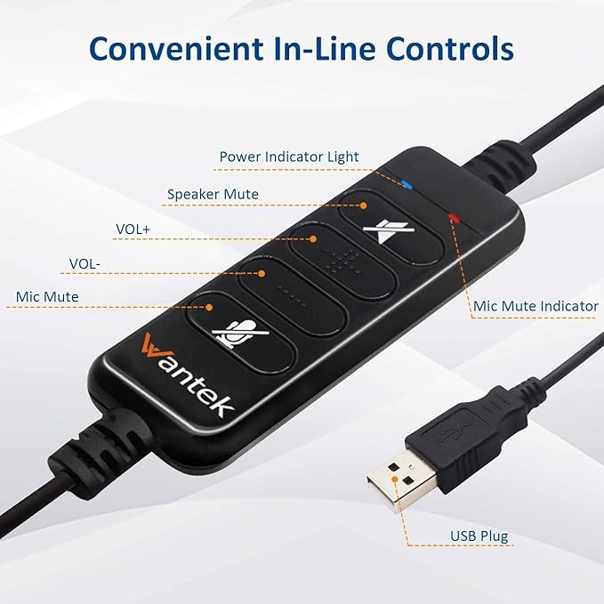 USB Headset with Microphone Noise Cancelling & Audio Controls, Computer Headphones for PC Laptop, Business, Home Office, Call Center, Skype, Zoom, Webinar, Clear Chat, Super Light,Single