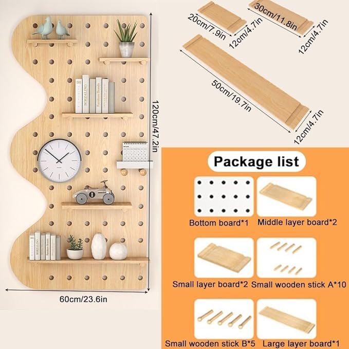 Natural Wood Wall Organizer - 23.6"x47.2" Hanging Display Panel for Home & Office, Entryway, Kitchen Storage Solutions, Perforated Organizer Kits