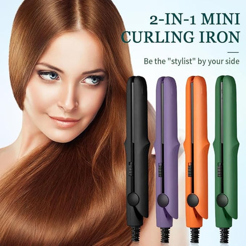 2026 New Mini Curling Iron for Short Hair, 2 in 1 Mini Curling Wand & Flat Iron Hair Straightener, Dual-Purpose Curling Iron, Portable Travel Curling Wand Hair Straightener (Orange)