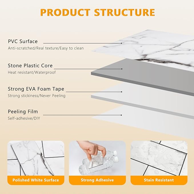 Vamos Tile 100-Piece Glossy Statury White Peel and Stick Backsplash Tile,3''x6'' PVC Subway Tile with Dark Gray Grout, Stick on Backsplash for Kitchen/Bathroom/Fireplace