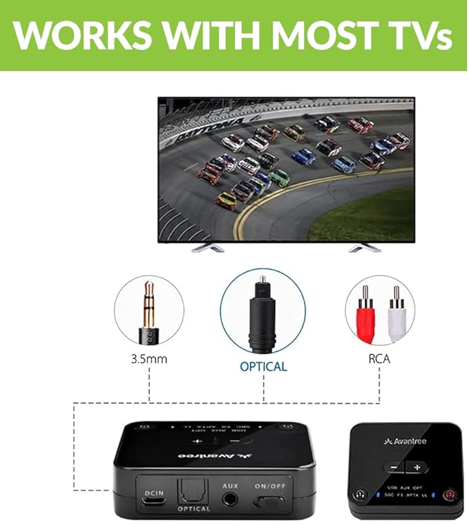 Avantree D4169 Dual Wireless Headphones & Earbuds Set for TV Watching with Bluetooth Transmitter, Personalized Volume Control, Plug-n-Play, No Audio Delay