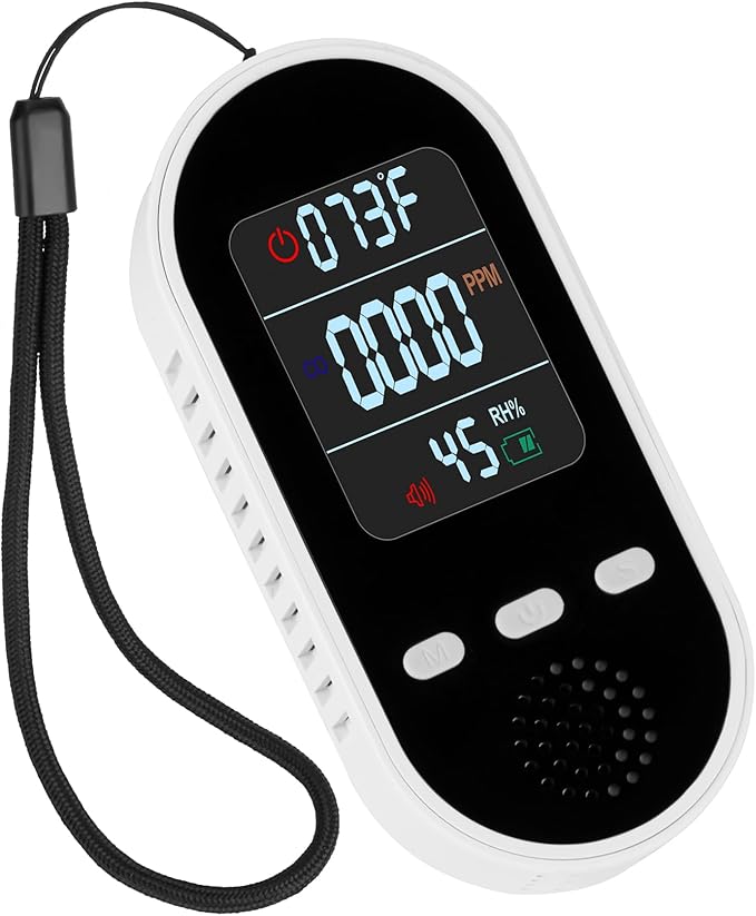 Vzmcov Portable Carbon Monoxide Detector Mini air Quality Monitor with Lanyard Alarm, CO Gas/Humidity Sensor/Indoor/Outdoor Thermometer, Battery Powered LED Screen