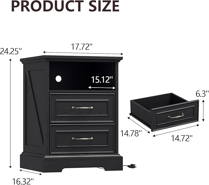 Nightstand with Charging Station Set of 2,18" Wide End Table with 2 Large Drawers & Metal Handles,Farmhouse Wood Small Dresser,Bedside Table,Modern Chest of Drawers for Bedroom,Living Room,Black
