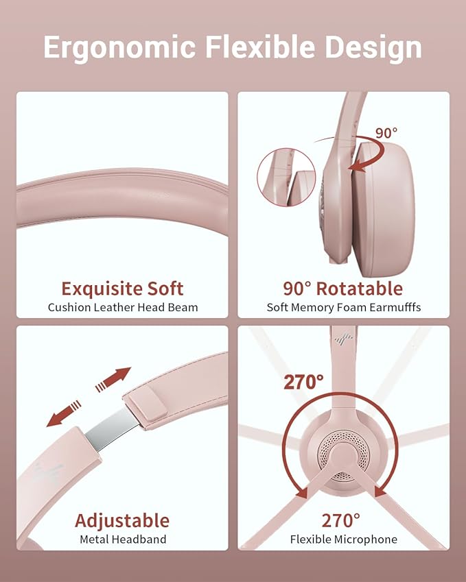 Wireless Headset with AI Noise Cancelling Microphone Bluetooth Headset - Bluetooth V5.2 Headphones with USB Dongle, Charging Base & Mic Mute for Computer/Laptop/PC/iPhone/Android/Cell Phones (Pink)