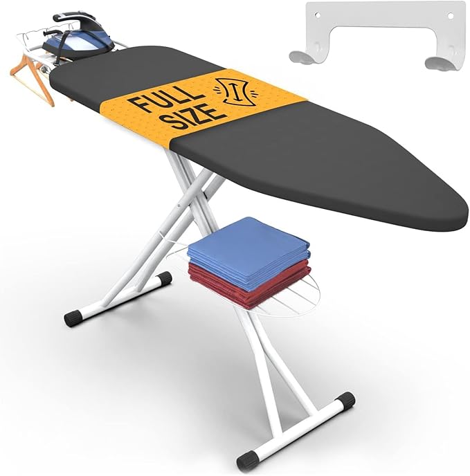 Xabitat Full Size Ironing Board 57" X 13" with Wall Mount Hanger, Full Metal Construction Iron Board, Built in Iron Caddy, Heat & Scorch Resistant Fabric, Cord Holder, Anti-Skid Feet, Heavy Duty