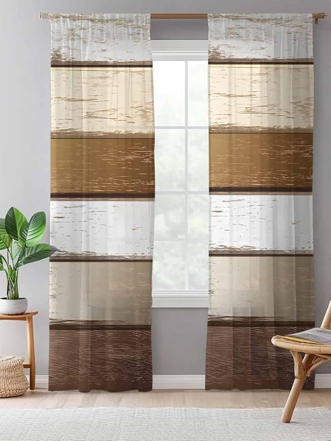 Sheer Curtains 84 Inches Long, Vintage Geometric Brown Semi Sheer Curtains - Image 5