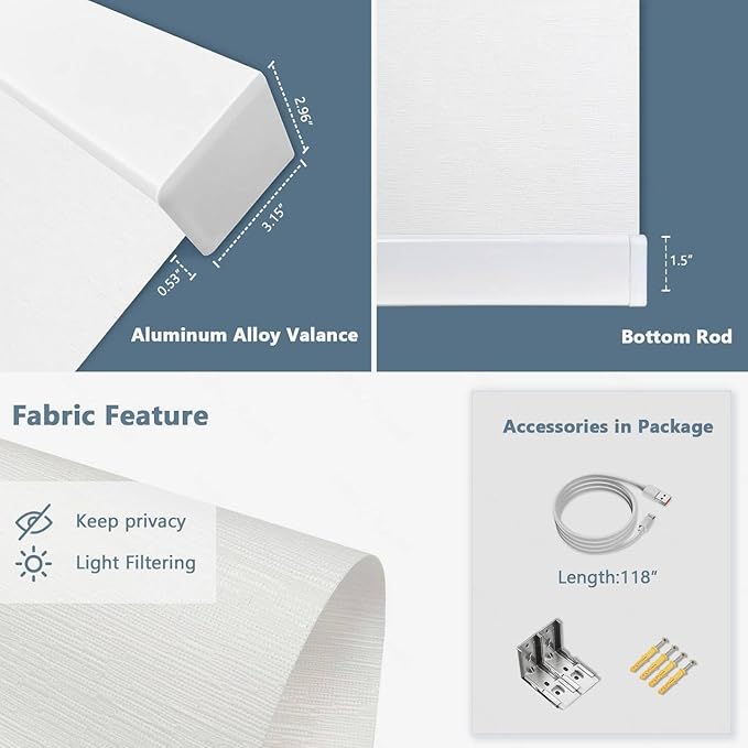 COOLWINDS Motorized Blinds with Remote Cordless Automatic Motorized Shades Custom Blinds for Windows Smart Curtains Compatible with Alexa Google Home(Light Filtering Jacquard White,W62 x H72in)