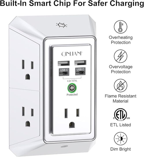 3-Sided Outlet Extender with Night Light - QINLIANF Multi Plug Outlet with 5 Outlets and 4 USB Ports(2 USB-C), USB Wall Charger for Home, Office, Travel, ETL Listed, White