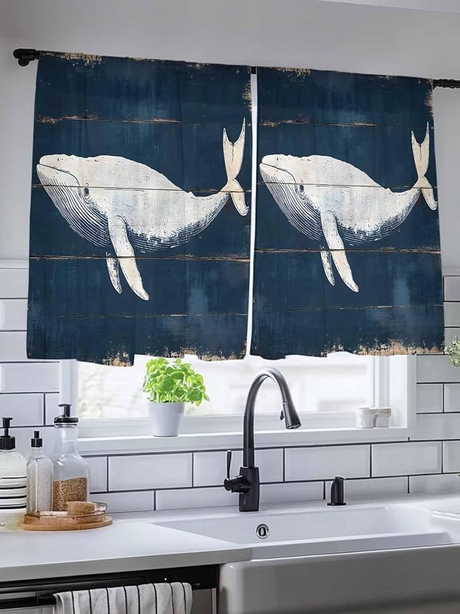 Sheer Curtains 54 Inch Length, Ocean Whale Blue Semi Sheer Curtains Light - Image 5