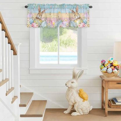 Kitchen Valances for Window, Spring Easter Eggs Rabbit Flower Light Filtering - Image 4
