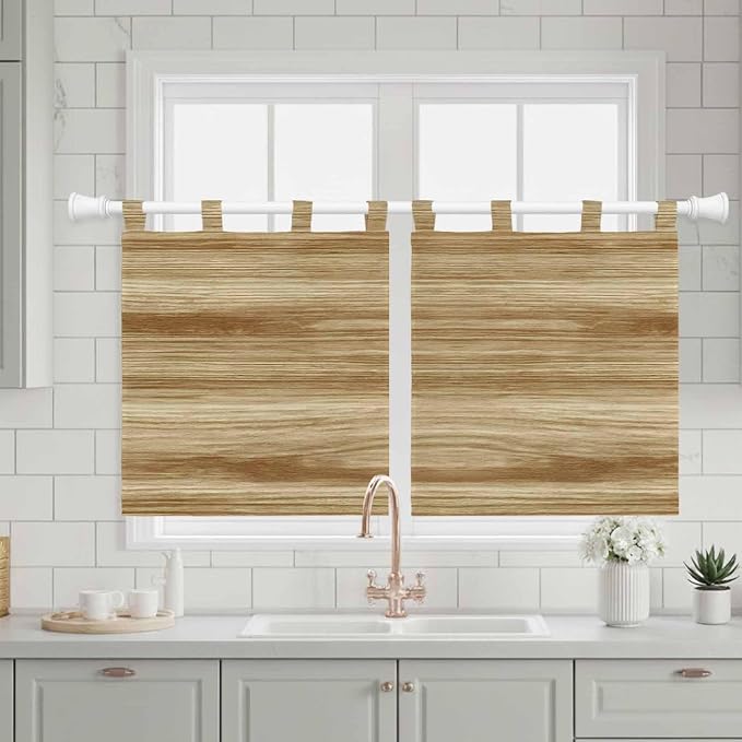 Light Brown Wood Grain Kitchen Curtains 36 Inch Length, Small Window Curtains - Image 3