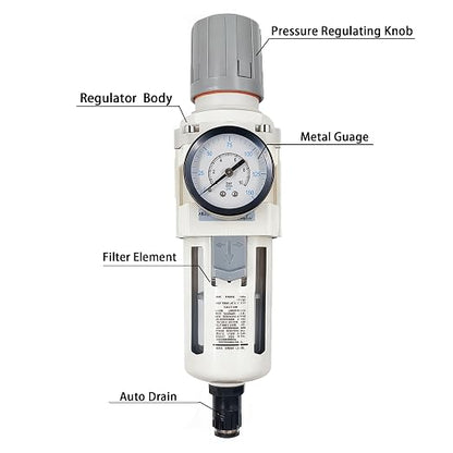 XingNEeng 1/2" NPT Compressed Air Filter Regulator Combo Piggyback, Water/Oil - Image 2