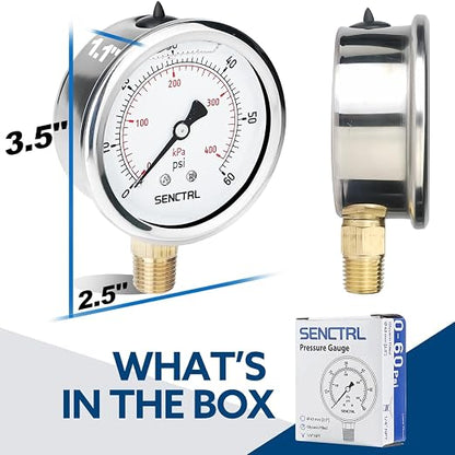 SENCTRL 60 Psi Glycerin Liquid Filled Low Pressure Gauge, 2.5" Dial Size - Image 6