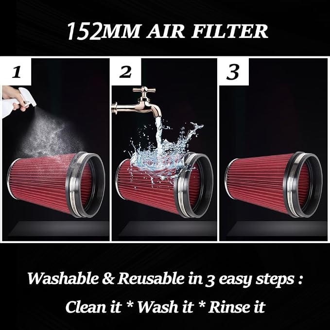 6" Inlet Cold Air Intake Filter Cone Replacement Performance Washable Clamp-On - Image 4