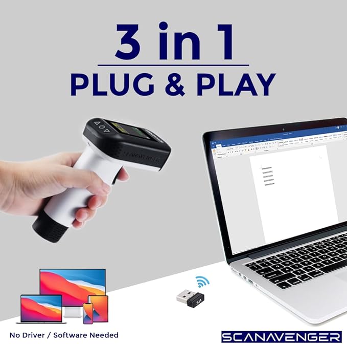 ScanAvenger Wireless Portable 1D with Stand Bluetooth Barcode Scanner: Hand Scanner 3-in-1, Cordless, Rechargeable Scan Gun for Inventory (1D&2D with LCD Display and Upgraded Next Gen Stand)