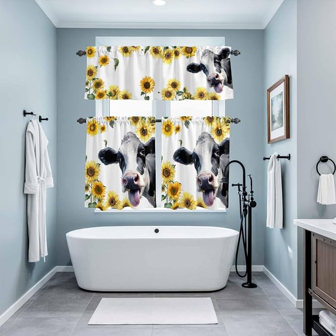 Kitchen Curtains Tiers and Valance Set of 3, Cow Sunflowers Light Filtering - Image 9