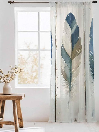 Sheer Curtains 108 Inches Long, Boho Blue Feathers Semi Sheer Curtains Light - Image 3