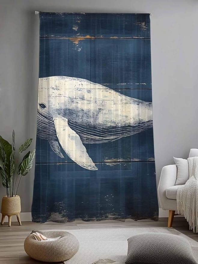 Sheer Curtains 96 Inches Long, Ocean Vintage Whale Semi Sheer Curtains Light - Image 2