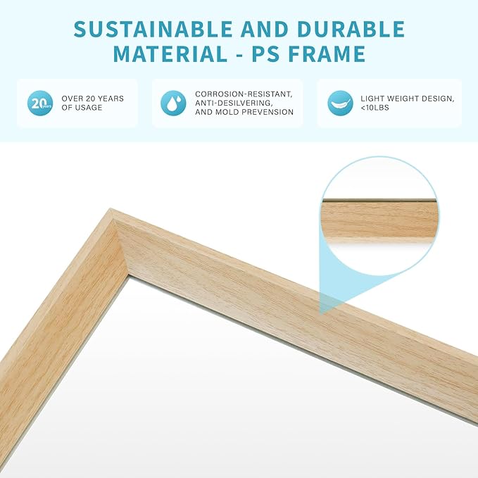 Oak Wood Effect Framed Wall Mirror, 24x36 Rectangle Mirror, 1/8" Anti-desilvering Tempered Glass, Sustainable& Sturdy Frame, Anti-Rust, HD Reflection &3min Fast Setup for Bathroom Living Room