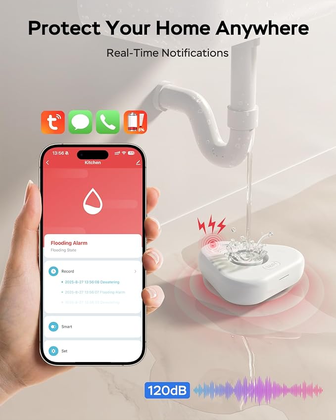 Water Detector Sensor,Water Leak Detectors for Home with App Alerts,Water Alarm with 120db Adjustable Alarm,500ft Transmission for Basement, Bathroom, Laundry, No Hub Required (Support 2.4G)