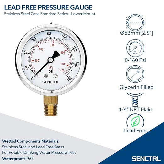 SENCTRL 160 Psi Lead-Free Glycerin Liquid Filled Low Pressure Gauge, 2.5" Dial - Image 2