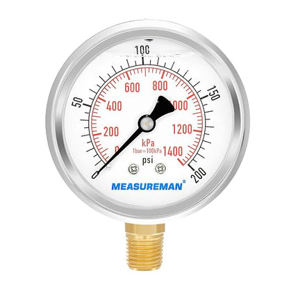 MEASUREMAN 2-1/2inch Dial Size, Liquid Filled Pressure Gauge, 0-200psi/kpa by MEASUREMAN