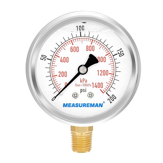 MEASUREMAN 2-1/2inch Dial Size, Liquid Filled Pressure Gauge, 0-200psi/kpa by MEASUREMAN