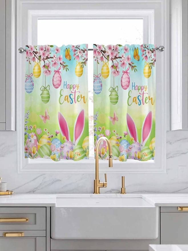 Easter Kitchen Curtains 45 Inches length, Spring Bunny Colorful Rabbit Eggs - Image 3