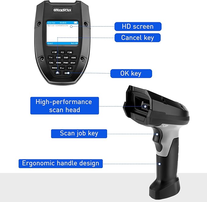 Wireless Barcode Scanner, Portable 1D Inventory Scanner & Data Collector with 2.0 Inch LCD Screen and 2.4G Wireless Dongle Built in Stand for Warehouse, Express, Library,Pharmacy,Supermarket