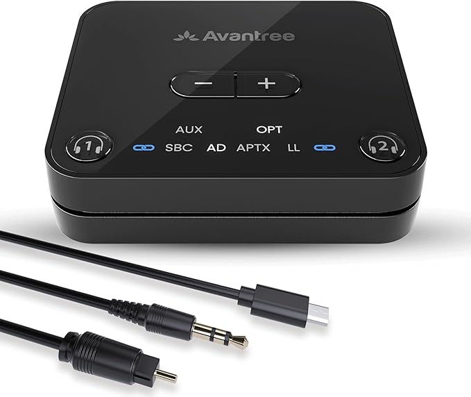 Avantree Audikast 3 – Bluetooth 5.3 Transmitter for TV Audio via Optical & AUX Outputs Only, aptX Adaptive, Dual Headphone Connection, 100ft Range – Not for HDMI–Only TVs