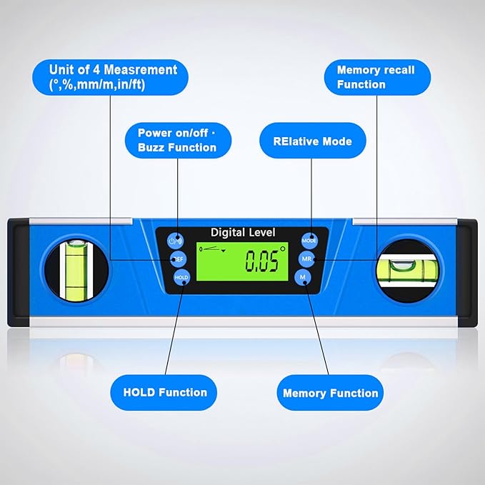 Digital Level and Protractor, 10 Inch IP54 Protected Electronic Bubble Inclinometer Angle Finder Gauge with Large LED Backlight Display & Magnetized V-Groove Base Carrying Bag Included (Blue)