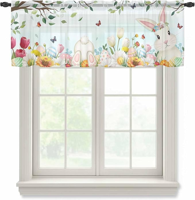 Easter Sheer Valances for Windows 54"x18", Light Filtering Kitchen Curtains by Unknown